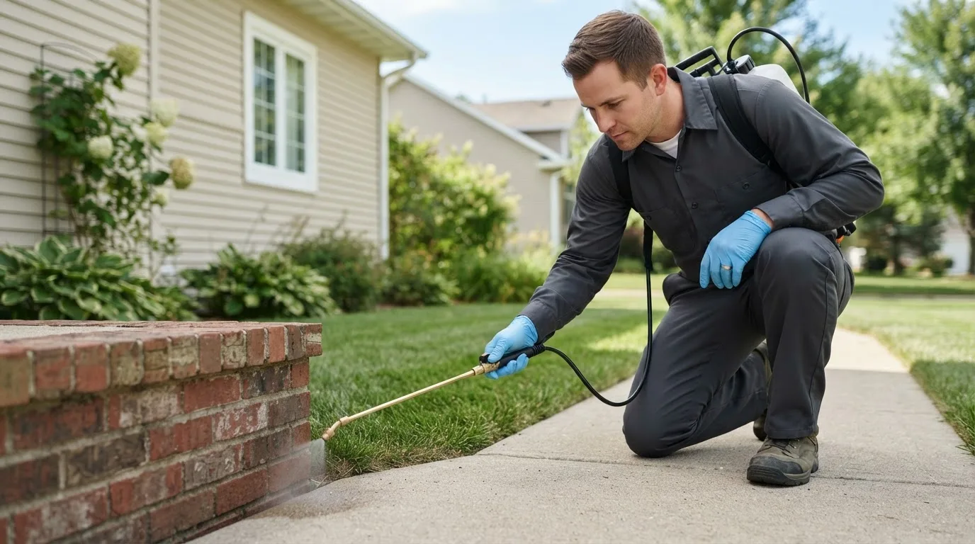 Pest control technician treating a home near Fentress, TX