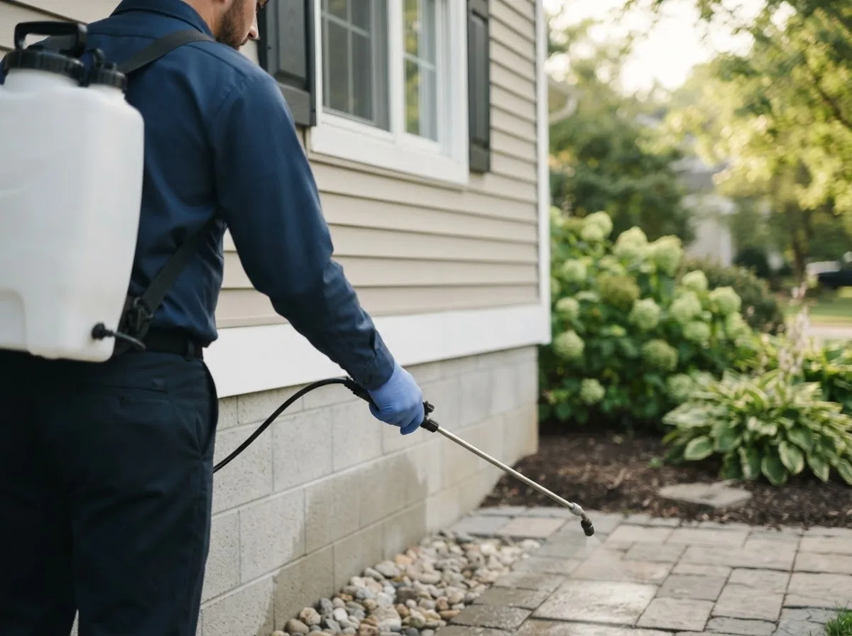 Pest control technician inspecting a home in Fentress, TX